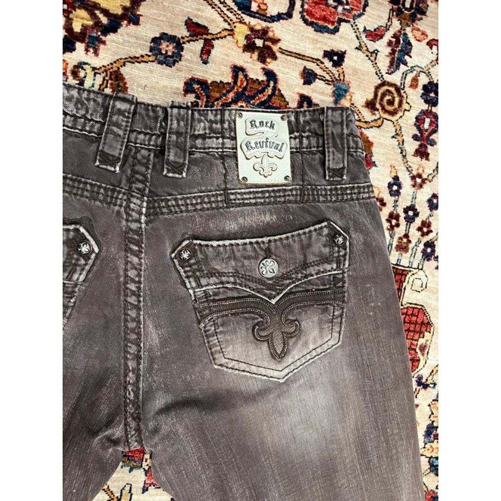 Rock Revival Dan Straight Men’s Jeans Size 36 Brown Distressed Contrast Stitchin